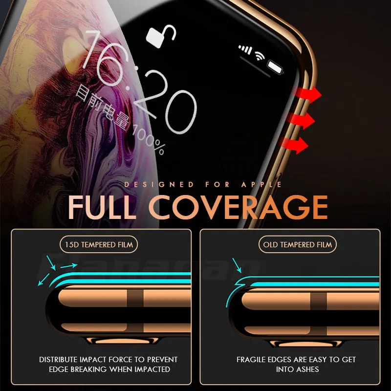 15D Protective Glass For iPhone 6 6s 7 8 plus XR X XS glass full cover iPhone Xs Max
