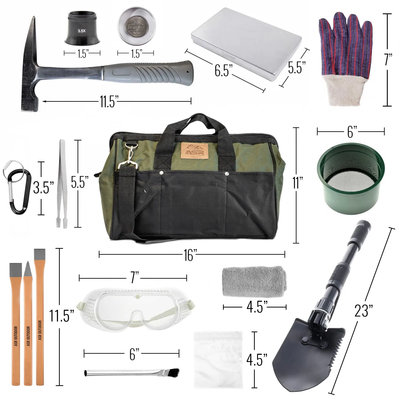 16pc Beginner Geology Rock Hounding Kit with Mining Tools and Tool Bag