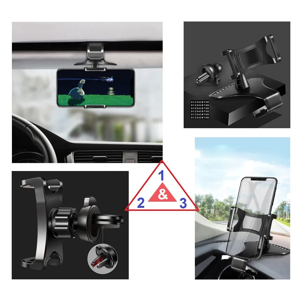 3 in 1 Car GPS Smartphone Holder: Dashboard / Visor Clamp   AC Grid Clip for alcatel 2001 - Black