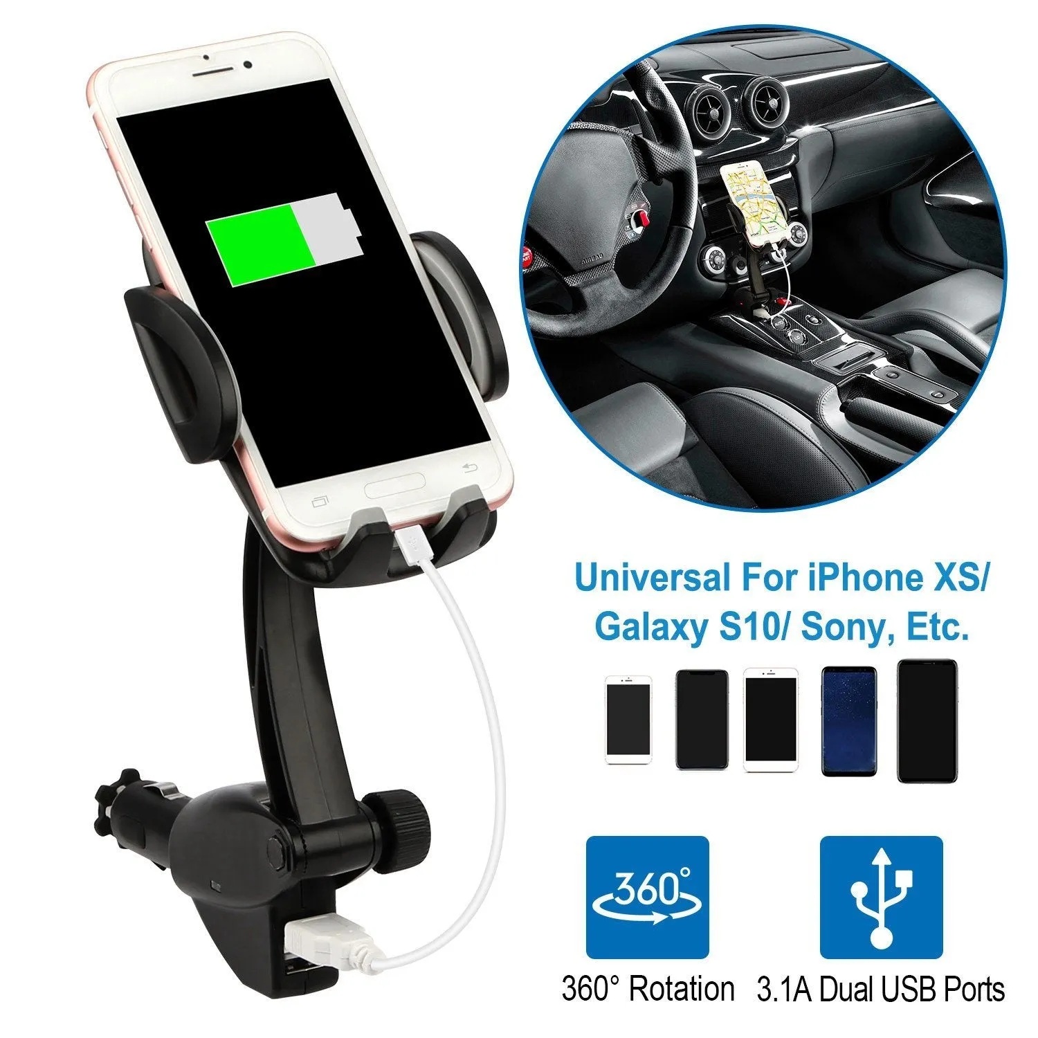 360° Dual USB Smartphone Mounting Car Charger