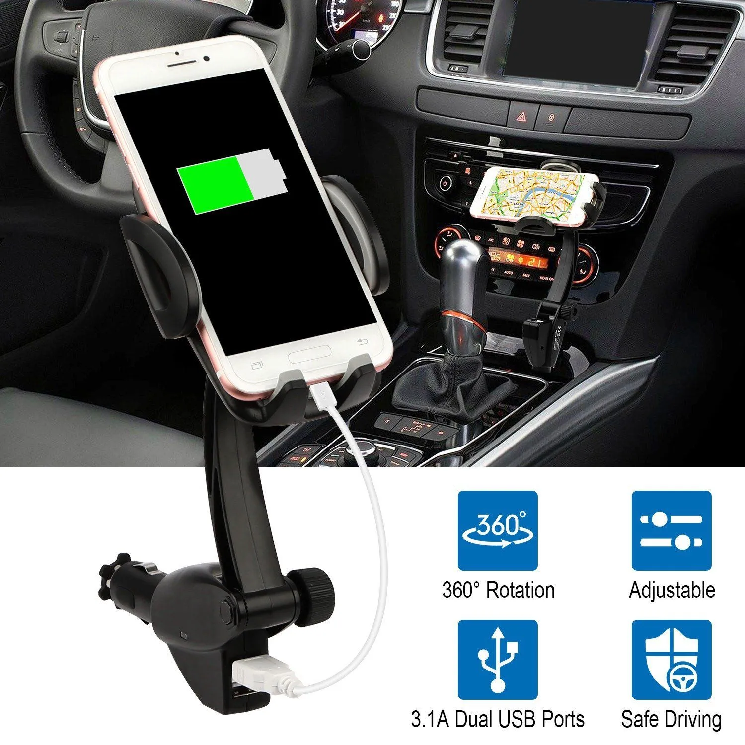 360° Dual USB Smartphone Mounting Car Charger