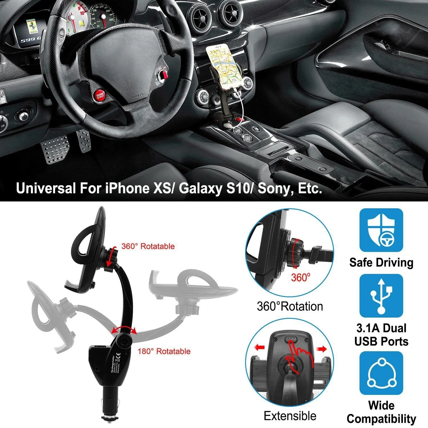 360° Dual USB Smartphone Mounting Car Charger
