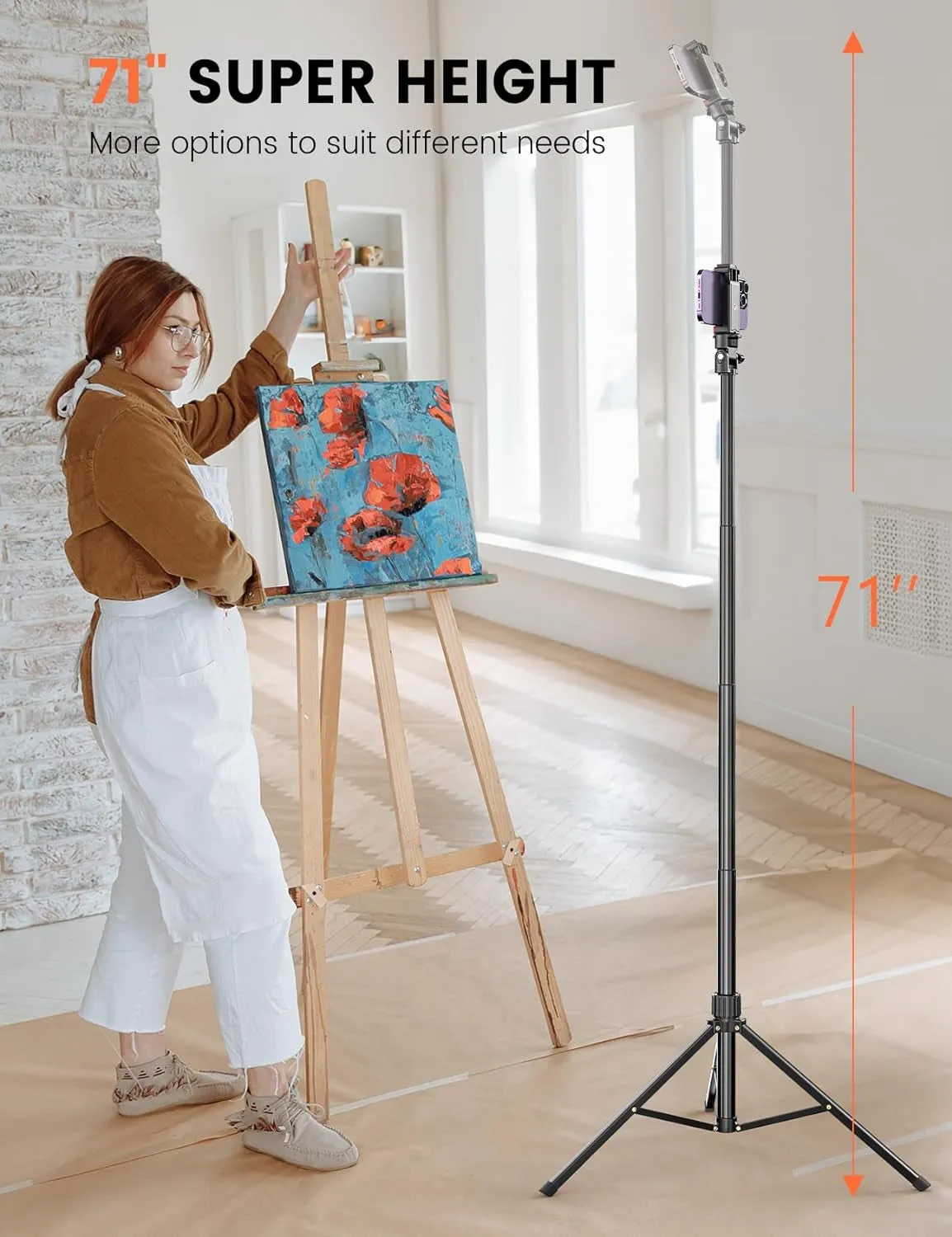 71'' Phone Tripod Stand, Extendable Reinforced Aluminum Phone Stand with Wireless Remote, Stable Cellphone Tripod Compatible with Iphone 15/14/13 Galaxy S23/S22 Huawei.