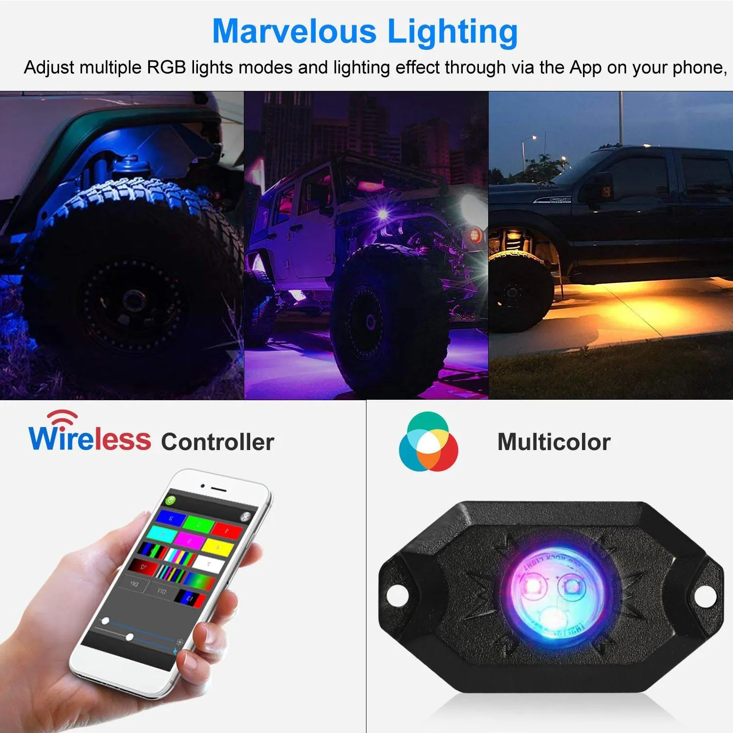 8-Pieces: Auto RGB LED Rock Light Kit