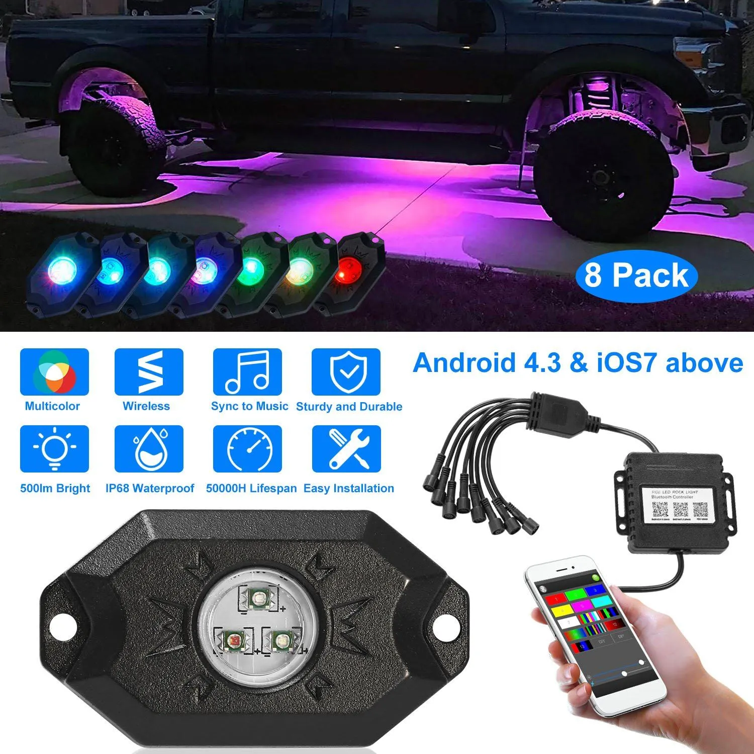 8-Pieces: Auto RGB LED Rock Light Kit