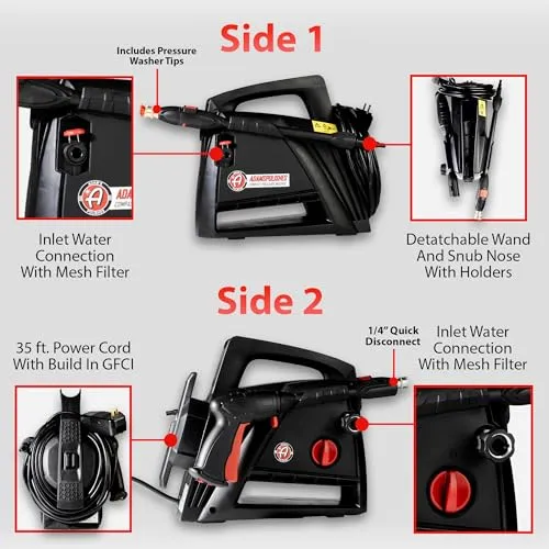 Adam’s Compact Pressure Washer - Powerful, Lightweight, Portable Electric Pressure Washer Sprayer | Max 1500 PSI, 1.2 GPM | for Car Home Auto Patio RV Motorcycle & Garage