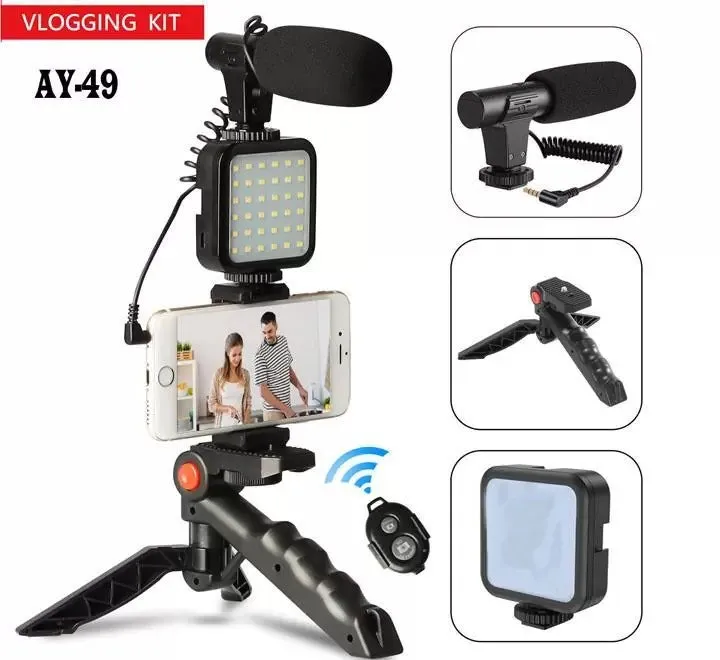 AY-49 Video Vlogger Kits Microphone LED Fill Light Mini Tripod For Phone Vlog Video Recording Condenser
