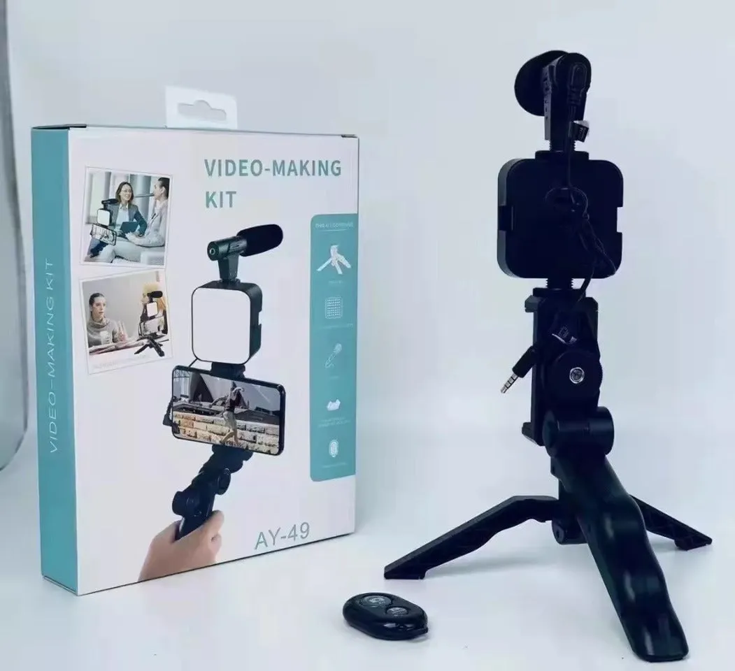 AY-49 Video Vlogger Kits Microphone LED Fill Light Mini Tripod For Phone Vlog Video Recording Condenser