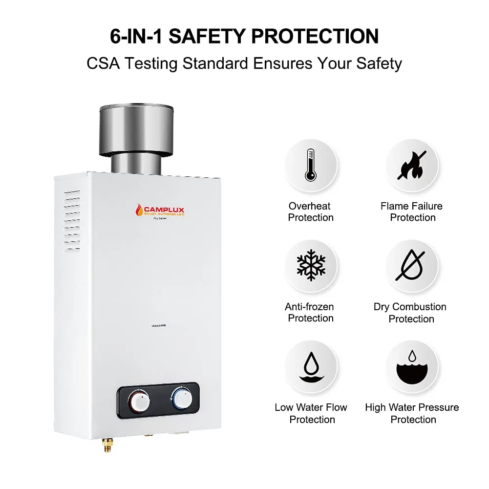 Camplux 2.64 GPM Outdoor Propane Gas Water Heater w/ 4.33" Rain Cap