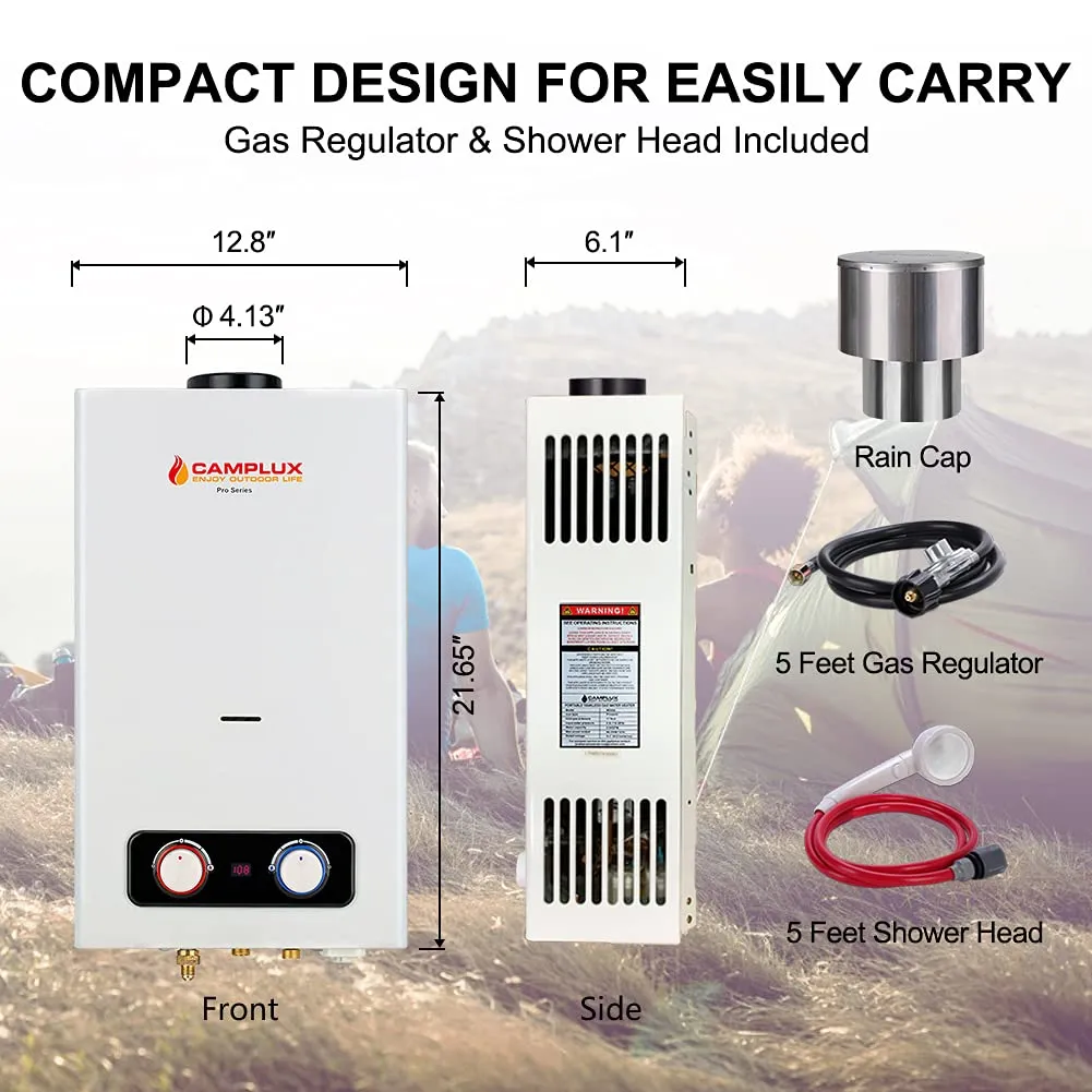 Camplux 2.64 GPM Outdoor Propane Gas Water Heater w/ 4.33" Rain Cap