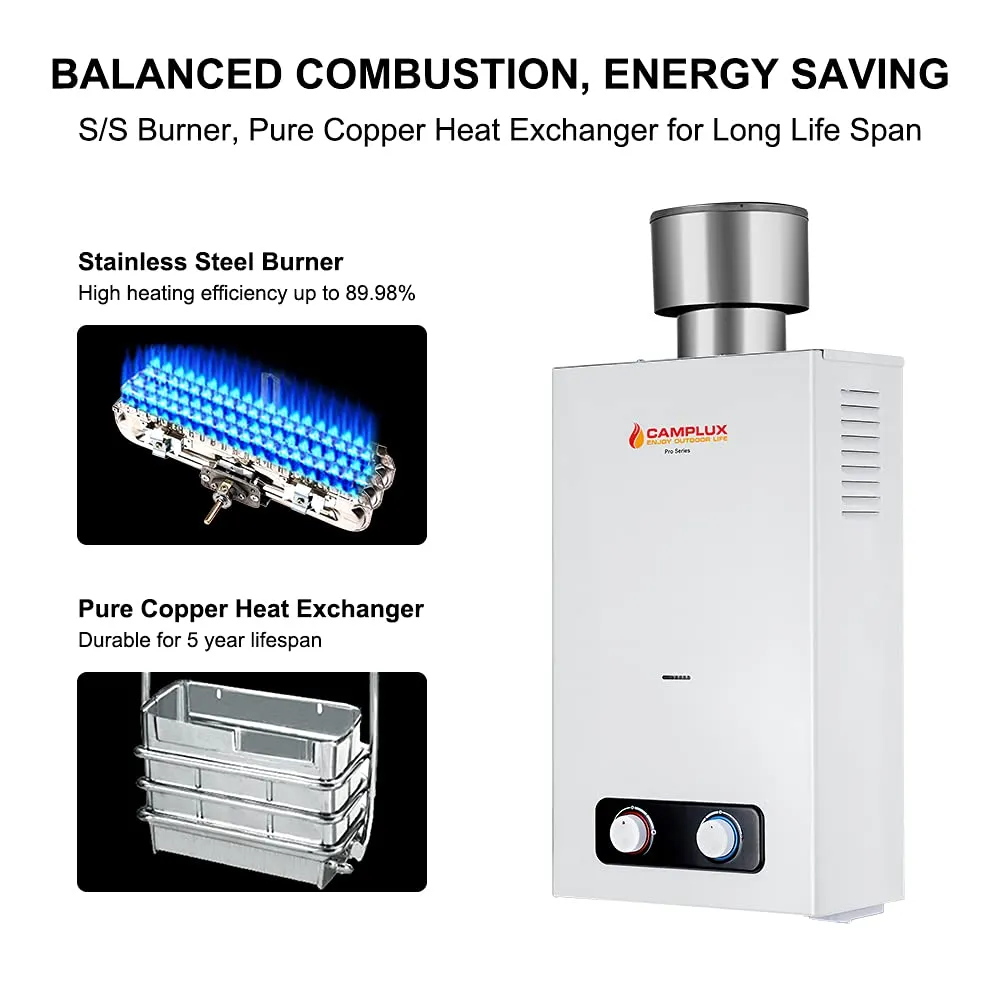 Camplux 2.64 GPM Outdoor Propane Gas Water Heater w/ 4.33" Rain Cap