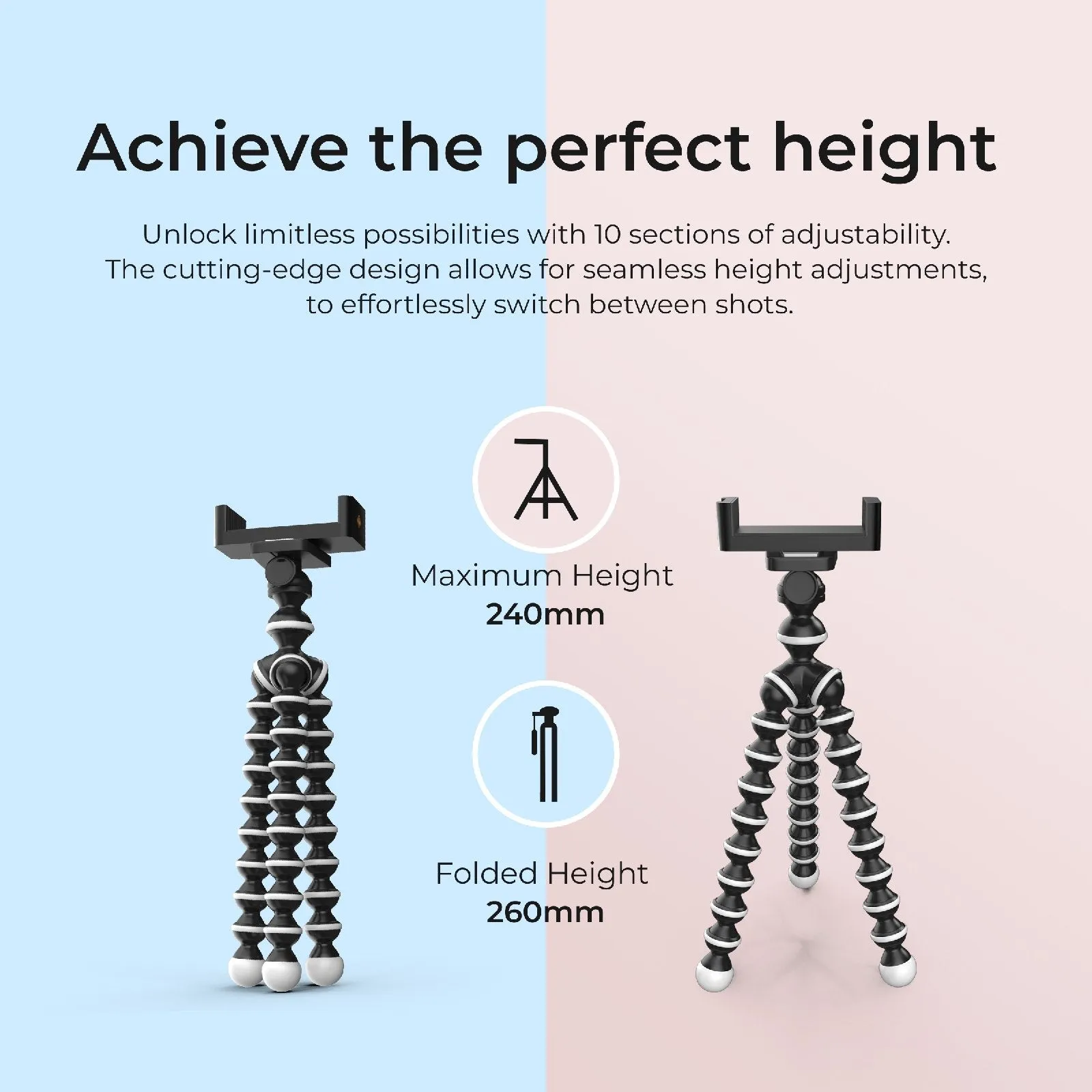DIGITEK® (DTR 250 GT) 24cm Flexible Gorilla Mini Tripod with Phone Holder & Pan Head, 10 Sections Adjustment, 24cm Max Height, Cutting Edge Design, Reliable Grip, for Smartphones & Action Cameras
