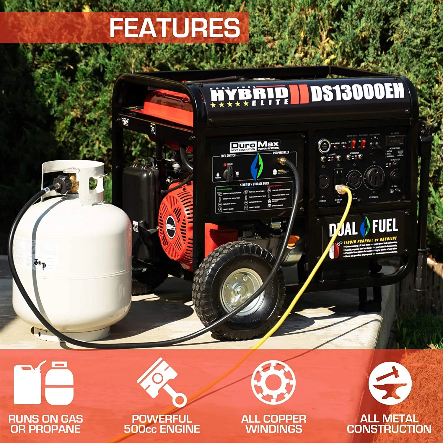 DuroMax / DuroStar DS13000EH 10500W/13000W Electric Start Dual Fuel Generator New (Red Version of XP13000EH)