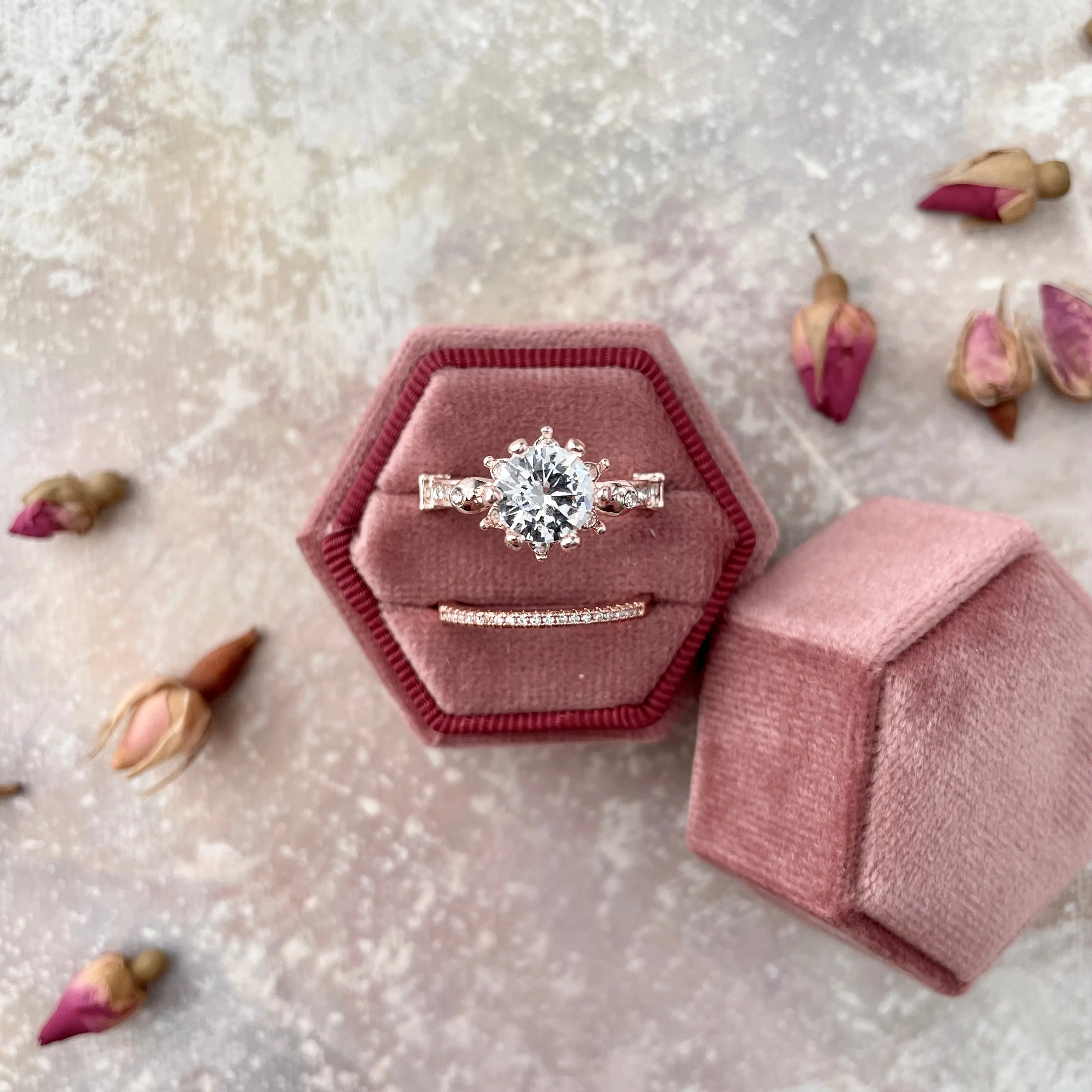 Dusty Rose Ring Box Hexagon