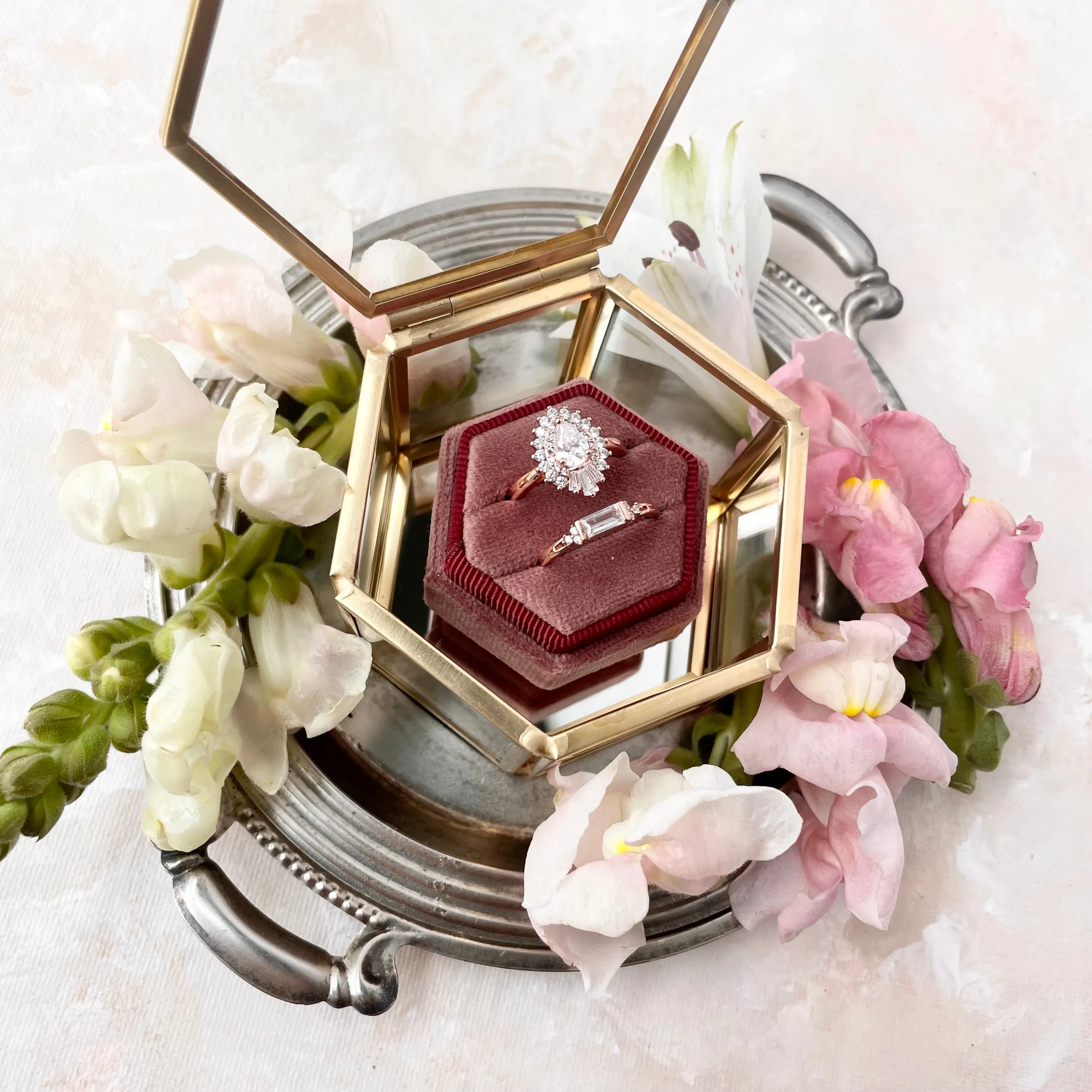 Dusty Rose Ring Box Hexagon