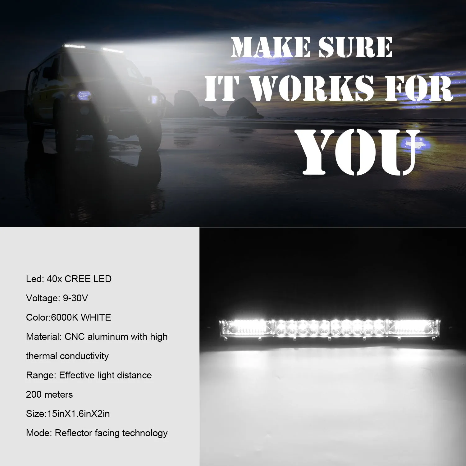Eaglevision 15Inch LED Light Bar Spot Flood Work Light for SUV