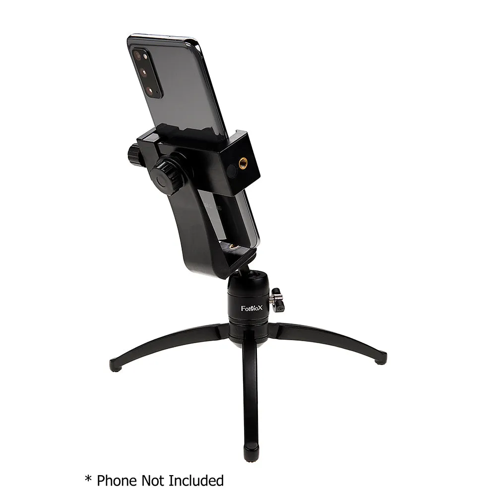 Fotodiox Cell Phone Tripod Mount Adapter Kit - Universal Phone 1/4" Tripod Mount Clamp for Smartphones with Fotodiox Pro Mini Tabletop Ballhead Tripod, Vertical Horizontal Adjustable Clamp 2.2-4" Wide