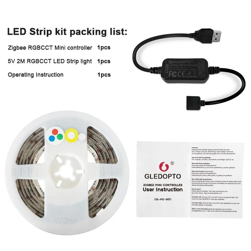 GLEDOPTO zigbee  controller mini smart TV LED strip light kit 5V usb rgb cct computer LED strip light work with zigbee hub echo