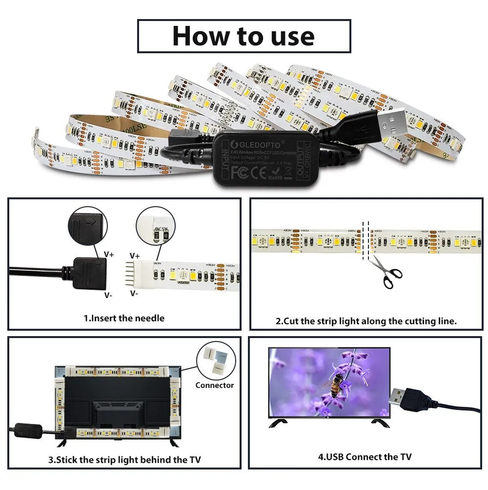 GLEDOPTO zigbee  controller mini smart TV LED strip light kit 5V usb rgb cct computer LED strip light work with zigbee hub echo