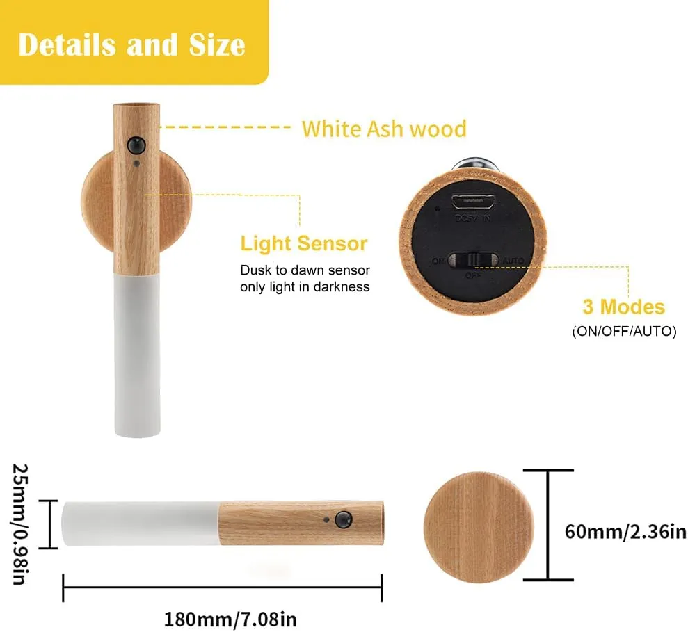 LANDGOO Motion Sensor Night Lights Magnet Body Sensor Hallway Night Lights Rechargeable Led Light Portable Stairway Night Lights Wooden Wall Sconce Battery Powered(White Ash Wood 2PC)
