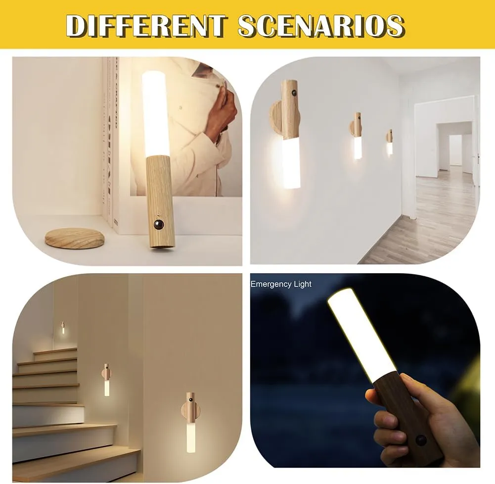 LANDGOO Motion Sensor Night Lights Magnet Body Sensor Hallway Night Lights Rechargeable Led Light Portable Stairway Night Lights Wooden Wall Sconce Battery Powered(White Ash Wood 2PC)