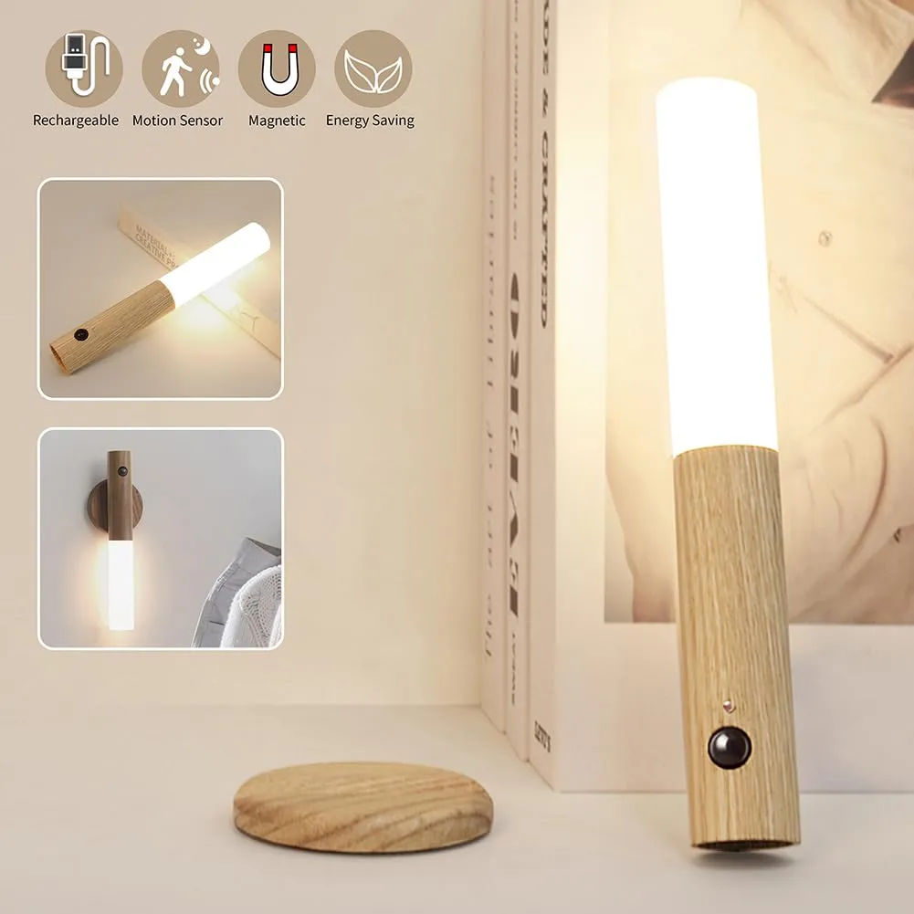 LANDGOO Motion Sensor Night Lights Magnet Body Sensor Hallway Night Lights Rechargeable Led Light Portable Stairway Night Lights Wooden Wall Sconce Battery Powered(White Ash Wood 2PC)