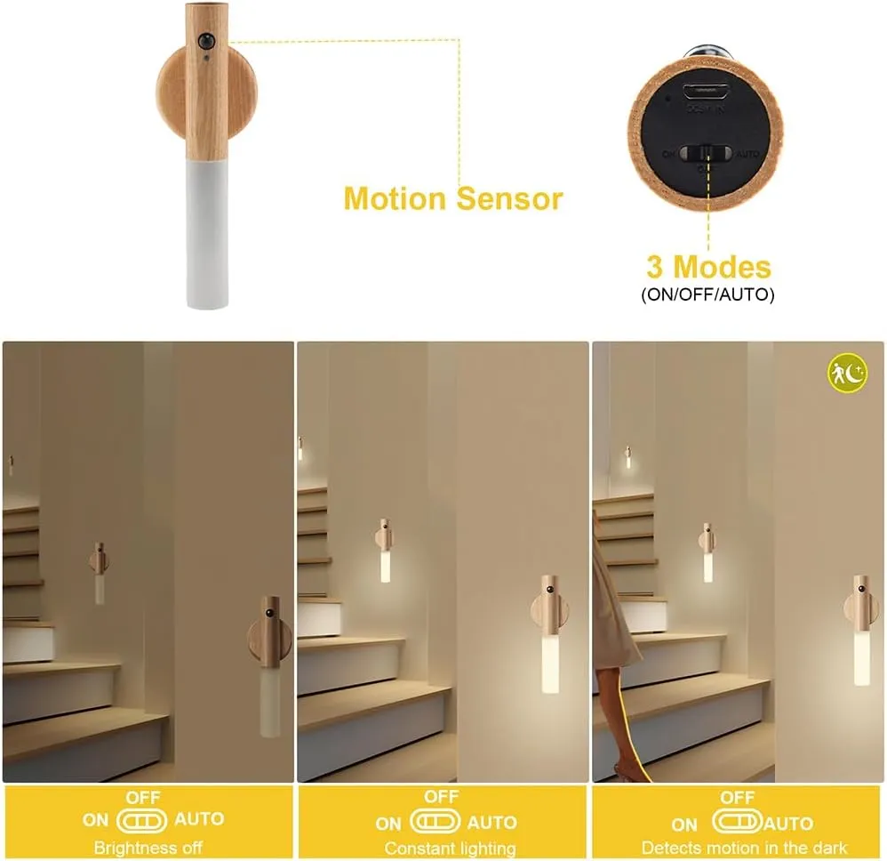 LANDGOO Motion Sensor Night Lights Magnet Body Sensor Hallway Night Lights Rechargeable Led Light Portable Stairway Night Lights Wooden Wall Sconce Battery Powered(White Ash Wood 2PC)