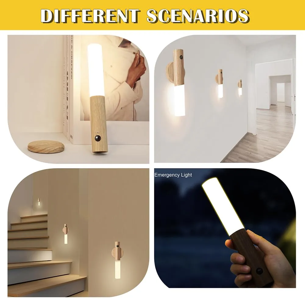 LANDGOO Motion Sensor Night Lights Magnet Body Sensor Hallway Night Lights Rechargeable Led Light Portable Stairway Night Lights Wooden Wall Sconce Battery Powered(White Ash Wood 2PC)