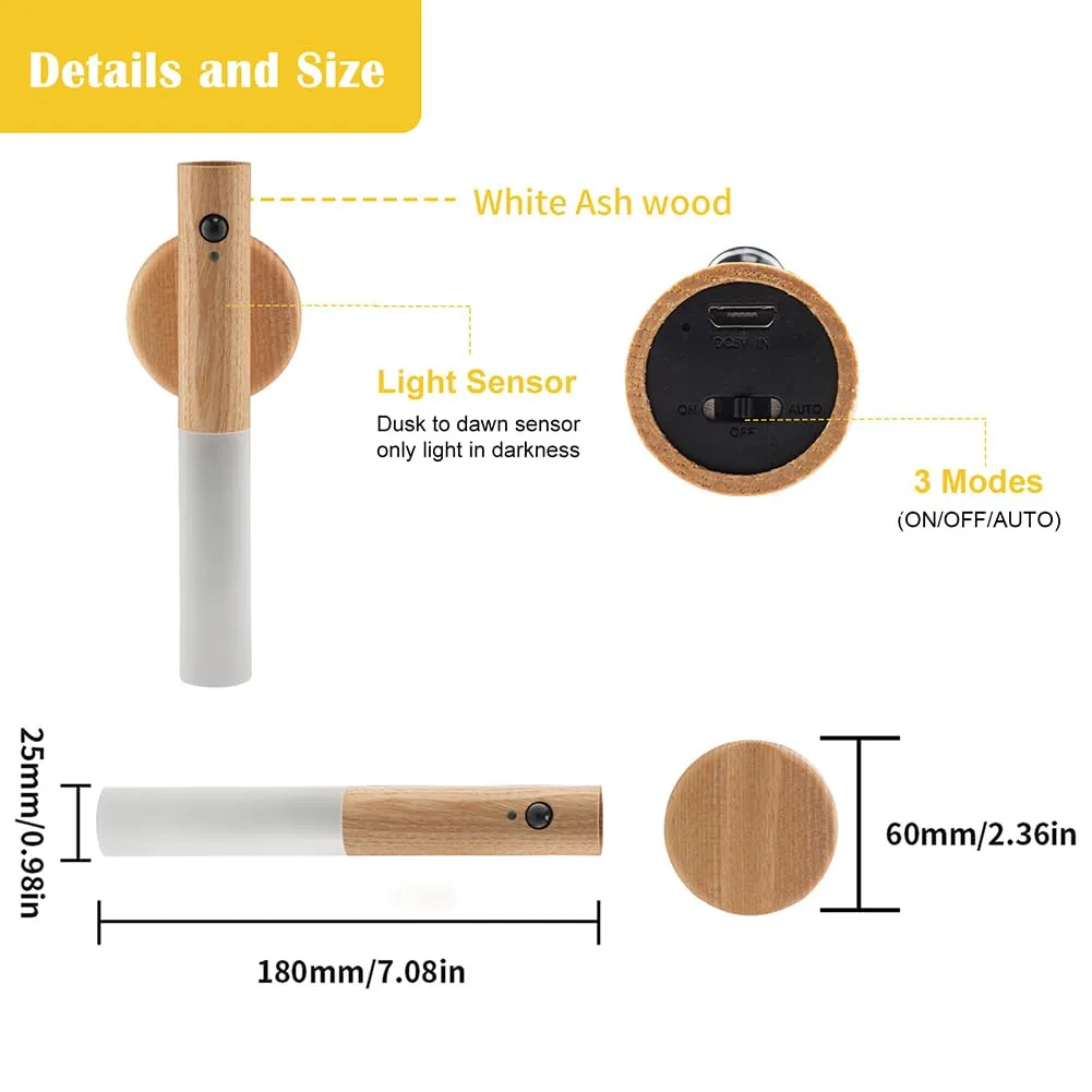 LANDGOO Motion Sensor Night Lights Magnet Body Sensor Hallway Night Lights Rechargeable Led Light Portable Stairway Night Lights Wooden Wall Sconce Battery Powered(White Ash Wood 2PC)