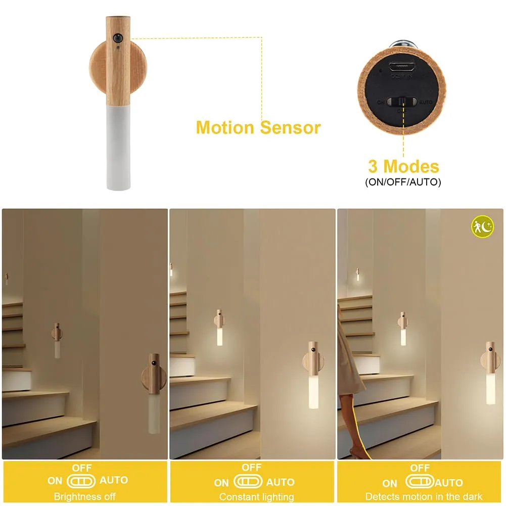 LANDGOO Motion Sensor Night Lights Magnet Body Sensor Hallway Night Lights Rechargeable Led Light Portable Stairway Night Lights Wooden Wall Sconce Battery Powered(White Ash Wood 2PC)