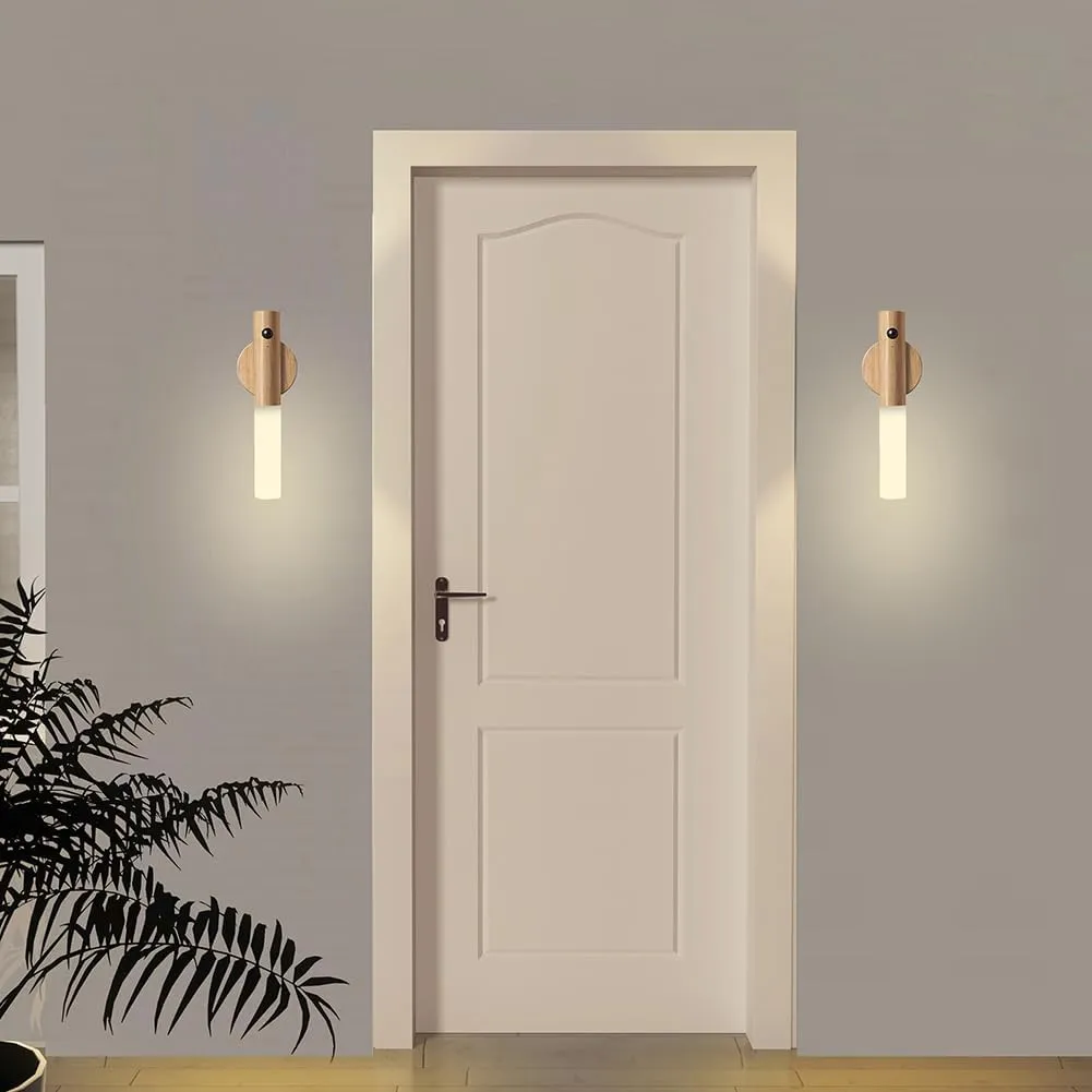 LANDGOO Motion Sensor Night Lights Magnet Body Sensor Hallway Night Lights Rechargeable Led Light Portable Stairway Night Lights Wooden Wall Sconce Battery Powered(White Ash Wood 2PC)