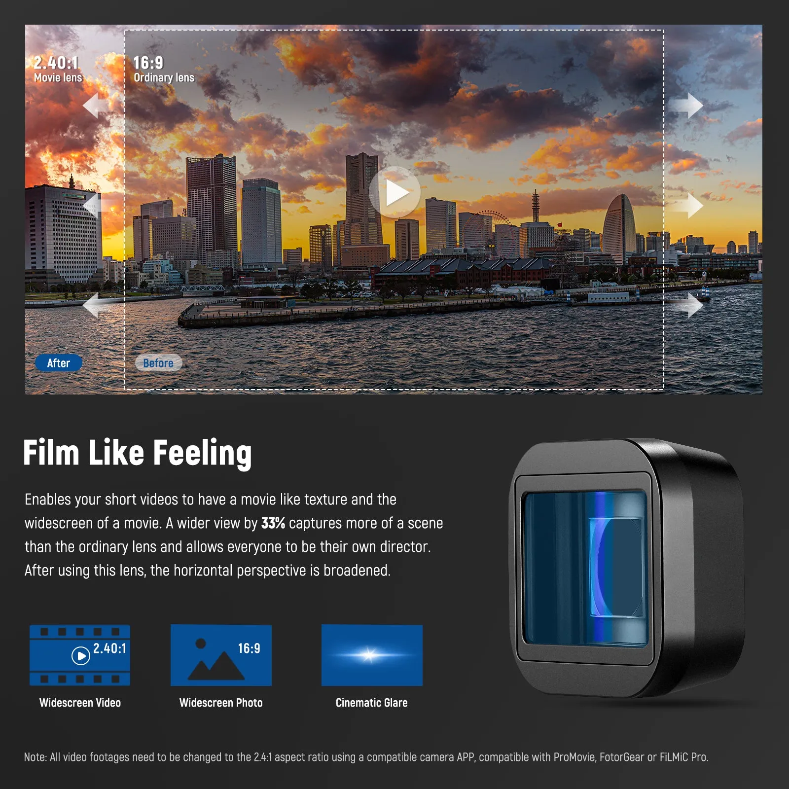 NEEWER 1.33x Anamorphic Lens Compatible with GoPro Hero 12/11/10/9