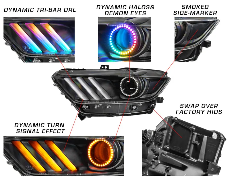 Oracle 15-17 Ford Mustang Dynamic RGB A Pre-Assembled Headlights - Black Edition - SEE WARRANTY