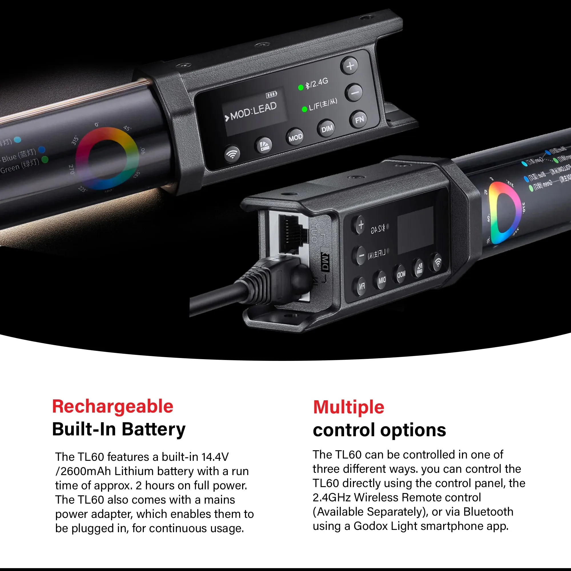 TL60 Bi-Colour Battery-Powered RGB LED Tube Light