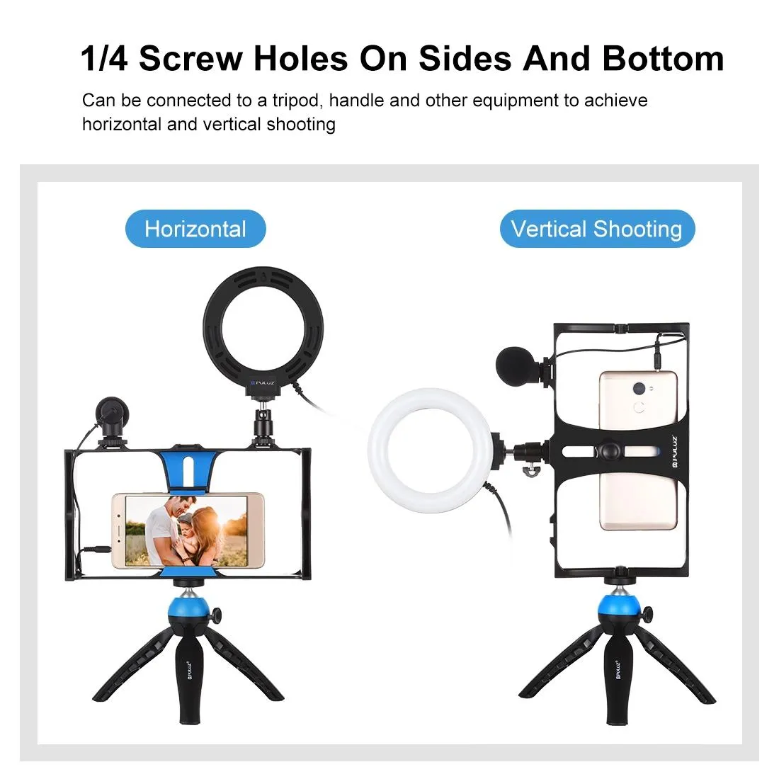 Vlogging Live Broadcast Smartphone Video Rig With Led Selfie Light Microphone Tripod Mount And Cold Shoe Head - Blue