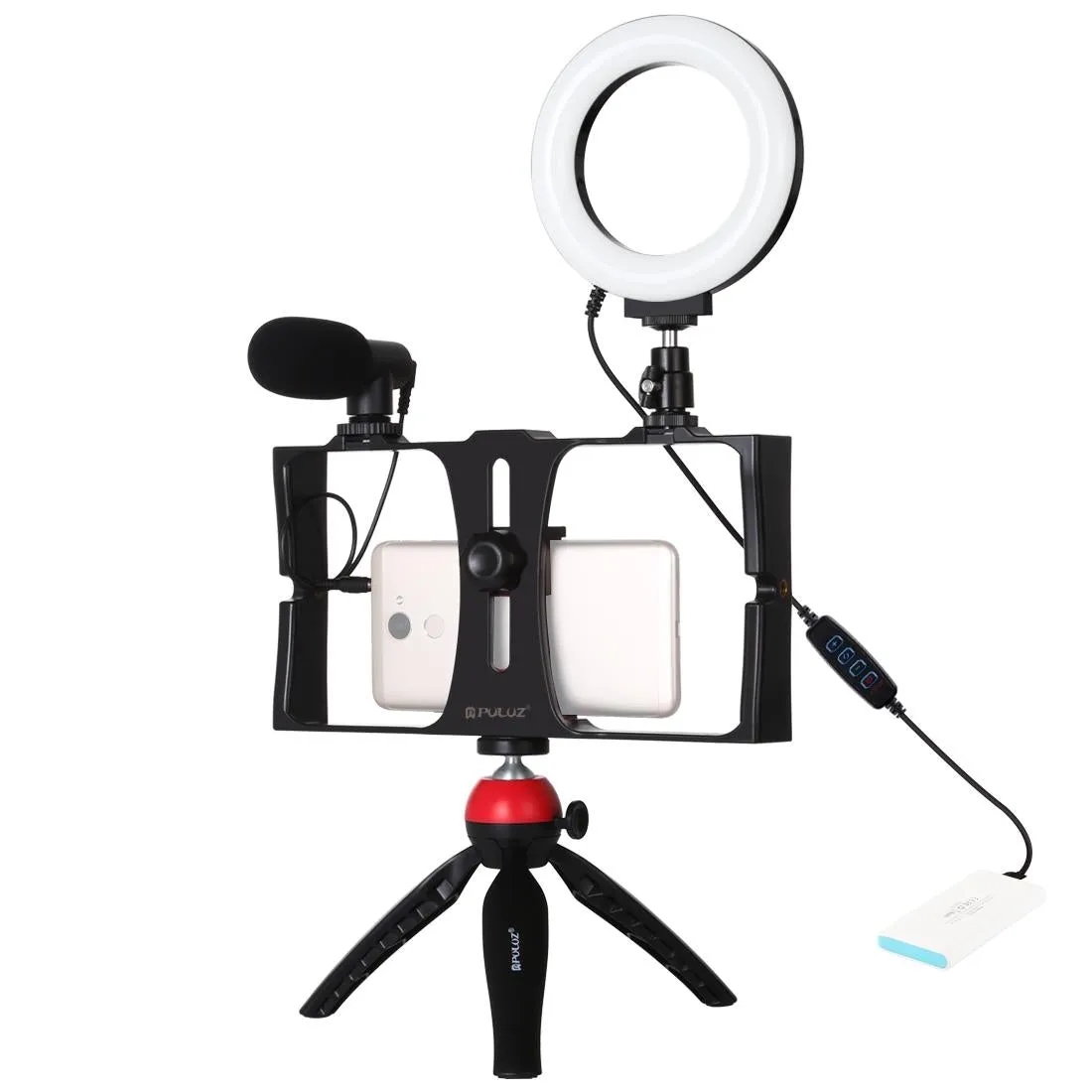 Vlogging Live Broadcast Smartphone Video Rig With Led Selfie Light Microphone Tripod Mount And Cold Shoe Head - Blue