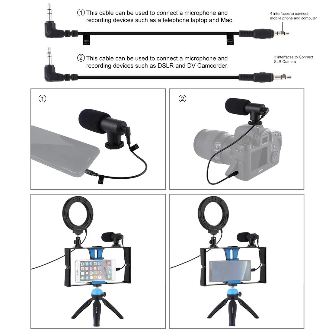 Vlogging Live Broadcast Smartphone Video Rig With Led Selfie Light Microphone Tripod Mount And Cold Shoe Head - Blue
