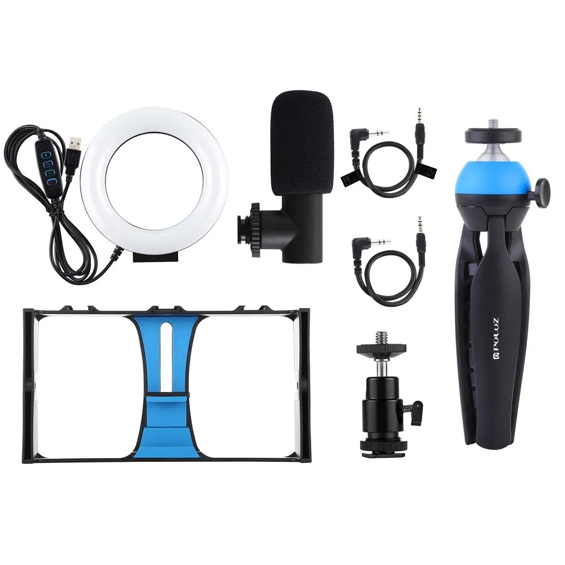Vlogging Live Broadcast Smartphone Video Rig With Led Selfie Light Microphone Tripod Mount And Cold Shoe Head - Blue